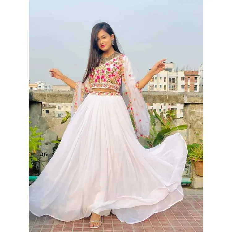 Indian Lehenga with Embroidery Work: Adorn Yourself in Unique Semi-Stitched White Stylish Design, Indian Lehenga Featuring Exquisite Embroidery Work
