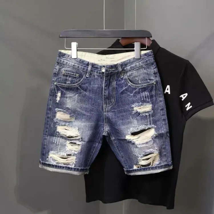 Denim Shorts Men's Summer 2022 New Ripped Hole Scratch Versatile Slim Brand Korean Student Cowboy Teenagers Short Pants